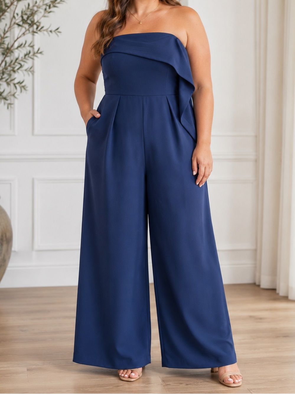19 Cooper Strapless Navy Draped Wide-Leg Elegant Jumpsuit Party Chic Outfit